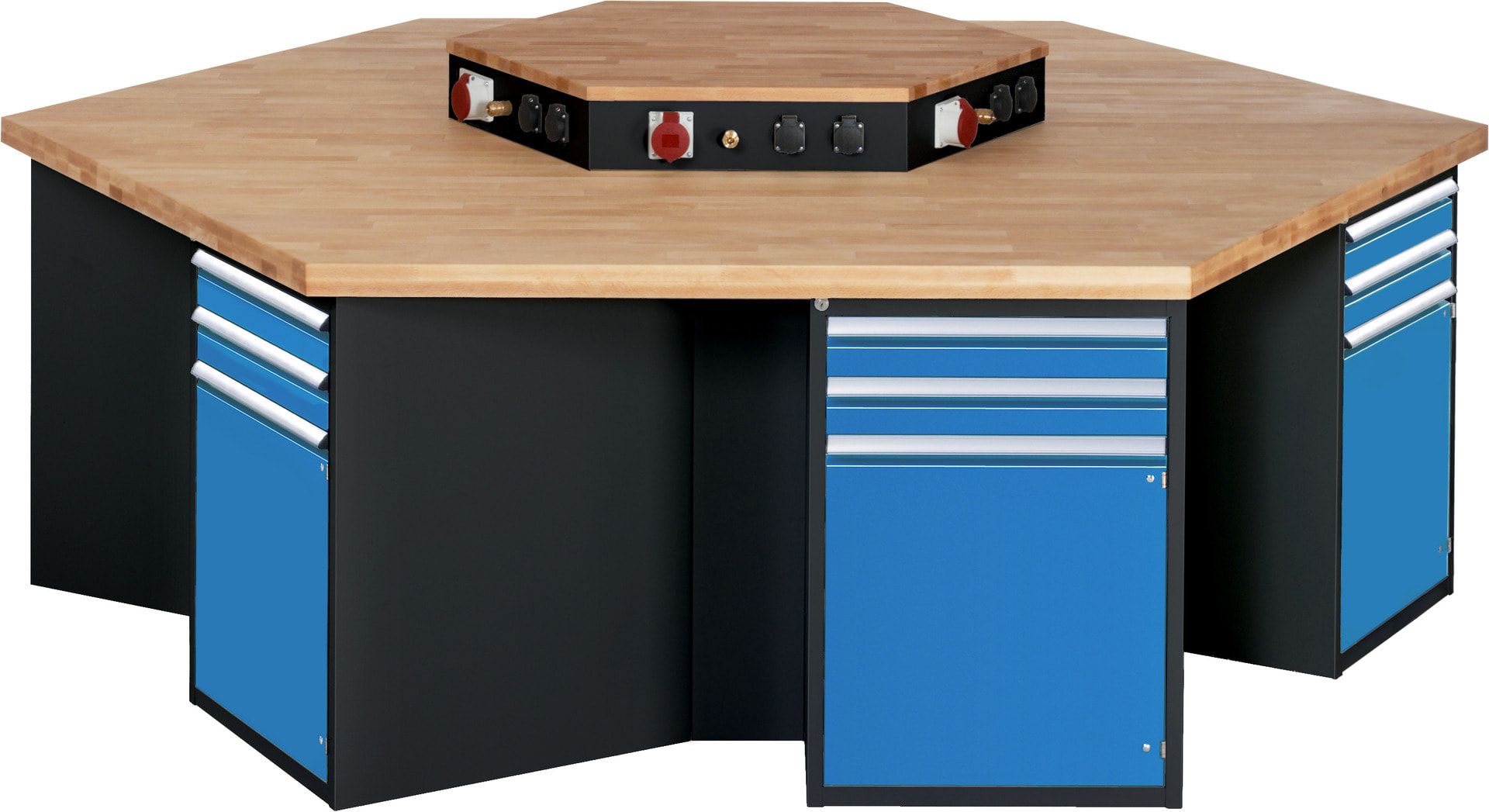 Gruppenwerkbank, Buche, Höhe 840 mm, mit Energieaufsatz, Unterbau-Container, 2 Schubladen, 1 Tür, 1 Boden - Anthrazitgrau