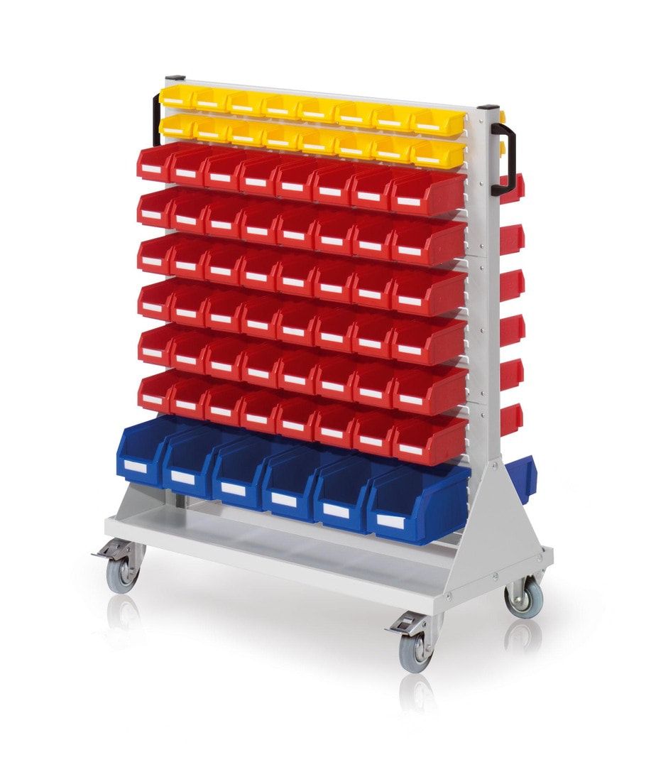 Mobile Stellwand - Schlitzwand für Sichtlagerkästen - beidseitig - mit 140 Kästen bestückt - 1.230 x 1.000 x 500 mm (HxBxT)
