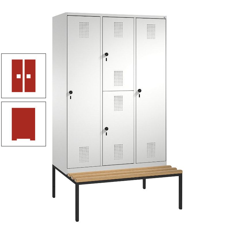 Garderobenschrank, Spind ein- und doppelstöckig Sitzbank, 3 Abteile, 4 Fächer, 2.090x1.200x500 mm (HxBxT), Front anthrazitgrau, Korpus anthrazitgrau
