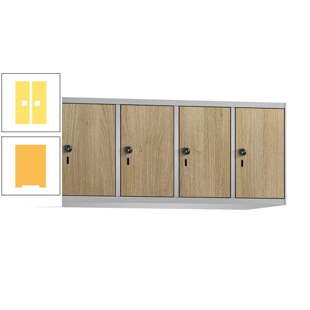 Aufsatzschrank, Schrankaufsatz, 4 Fächer a 300 mm, Farbe Pastellgelb, Tür anthrazitgrau, 500 x 1.200 x 500 mm (HxBxT)