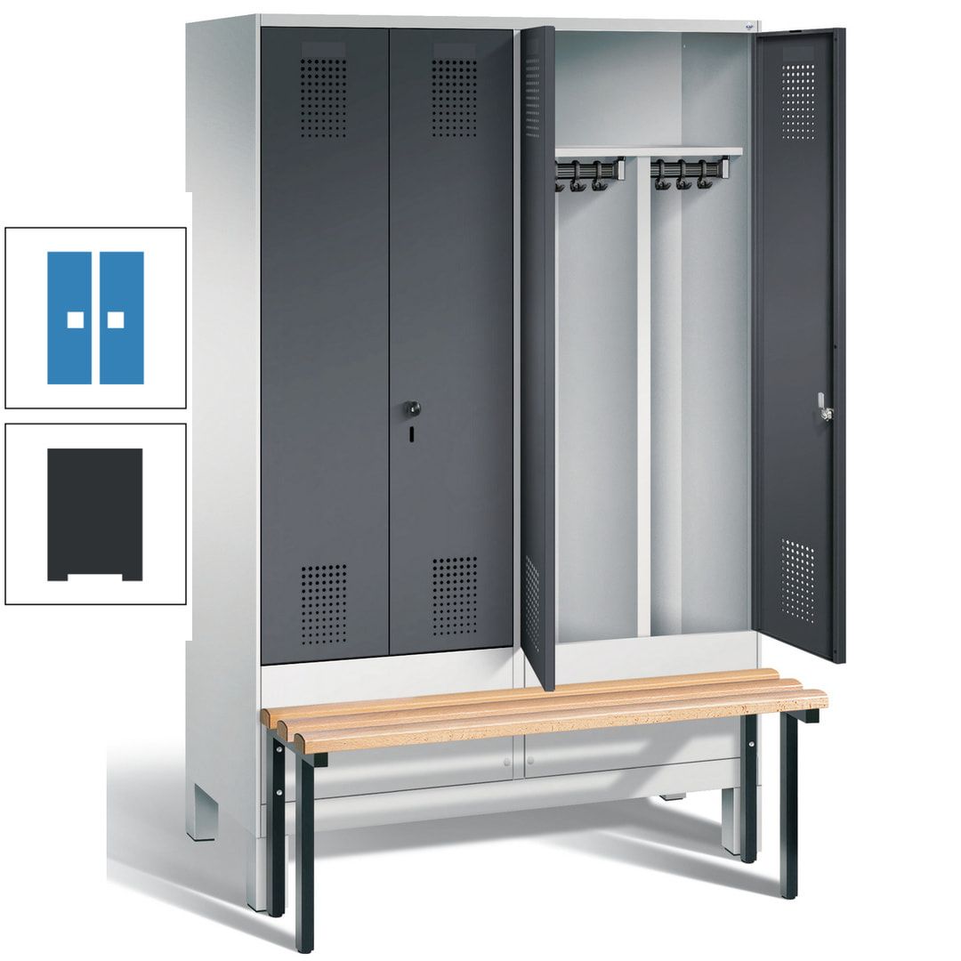Doppel-Spind, Garderobenschrank, Buche Sitzbank vorgebaut, 4 Abteile a 300 mm, Korpus feuerrot, Tür Wasserblau, 1.850 x 1.200 x 815 mm (HxBxT)
