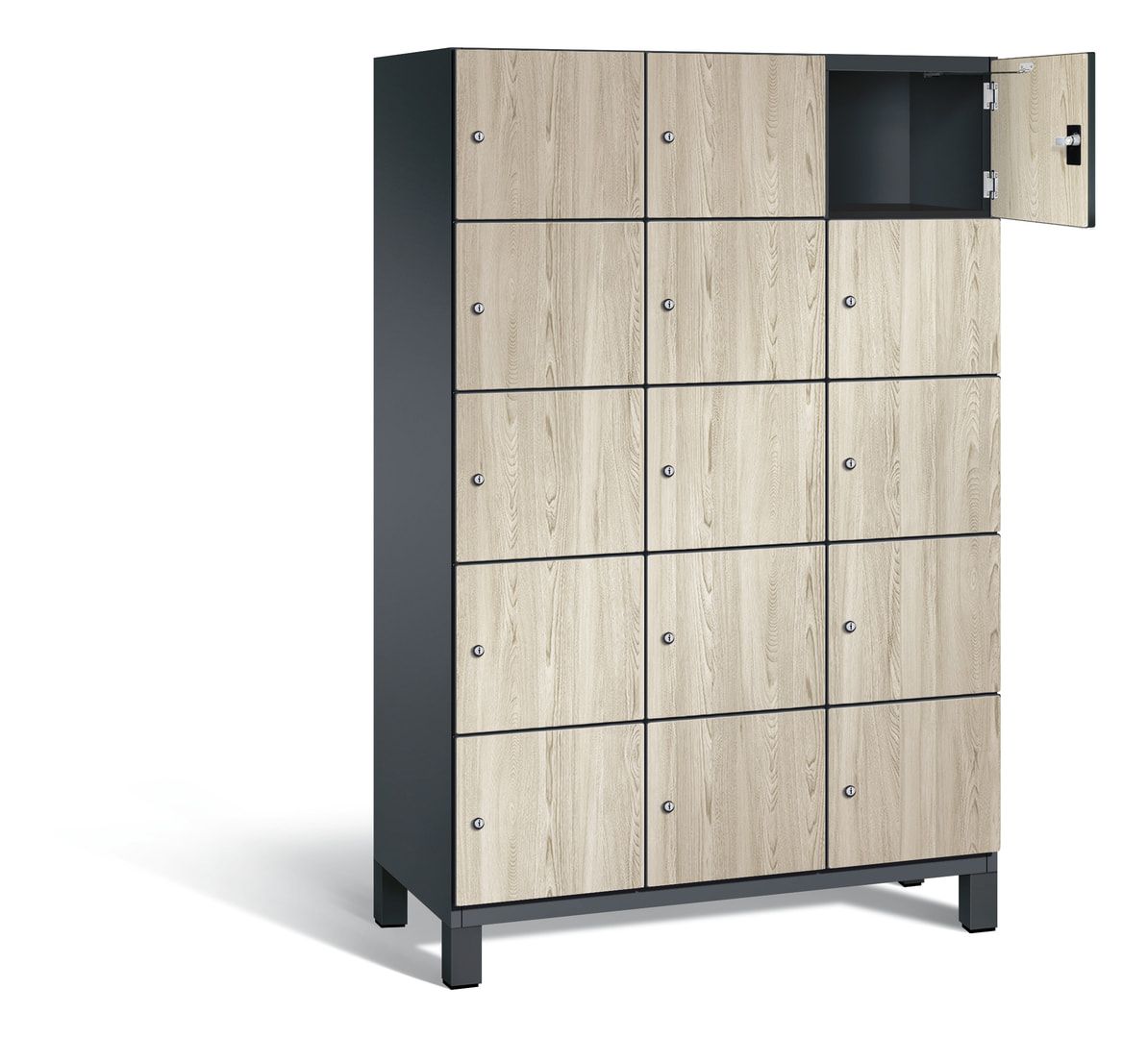 Fächerschrank, Stahlschrank, 15 Fächer, Türöffnungsbegrenzer, Füße, 1.980 x 1.200 x 525 mm, Korpus anthrazitgrau, Dekorfront HPL Donau-Ahorn