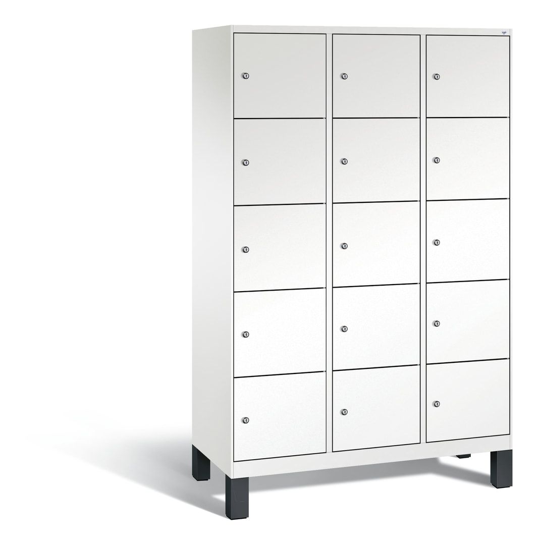 Garderobenschrank, Spindschrank auf Füßen, 3 Abteile, 15 Fächer, 1.850 x 1.200 x 500 mm (HxBxT), Dekorfront HPL Donau-Ahorn, Korpus anthrazitgrau