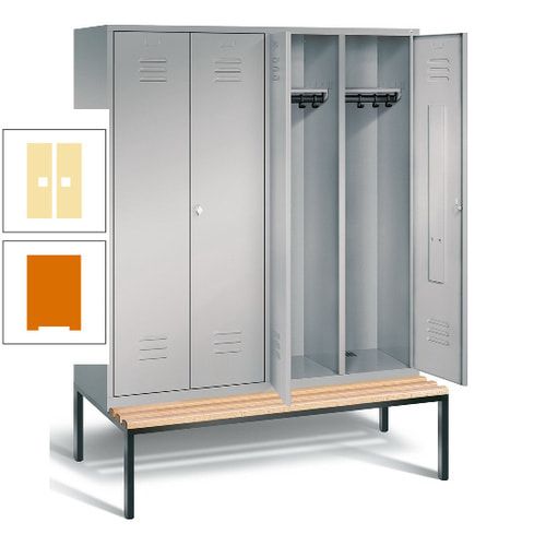 Doppel-Spindschrank, Buche Sitzbank untergebaut, 4 Abteile a 400 mm, Korpus lichtgrau, Tür anthrazitgrau, 2.090 x 1.590 x 815 mm (HxBxT)