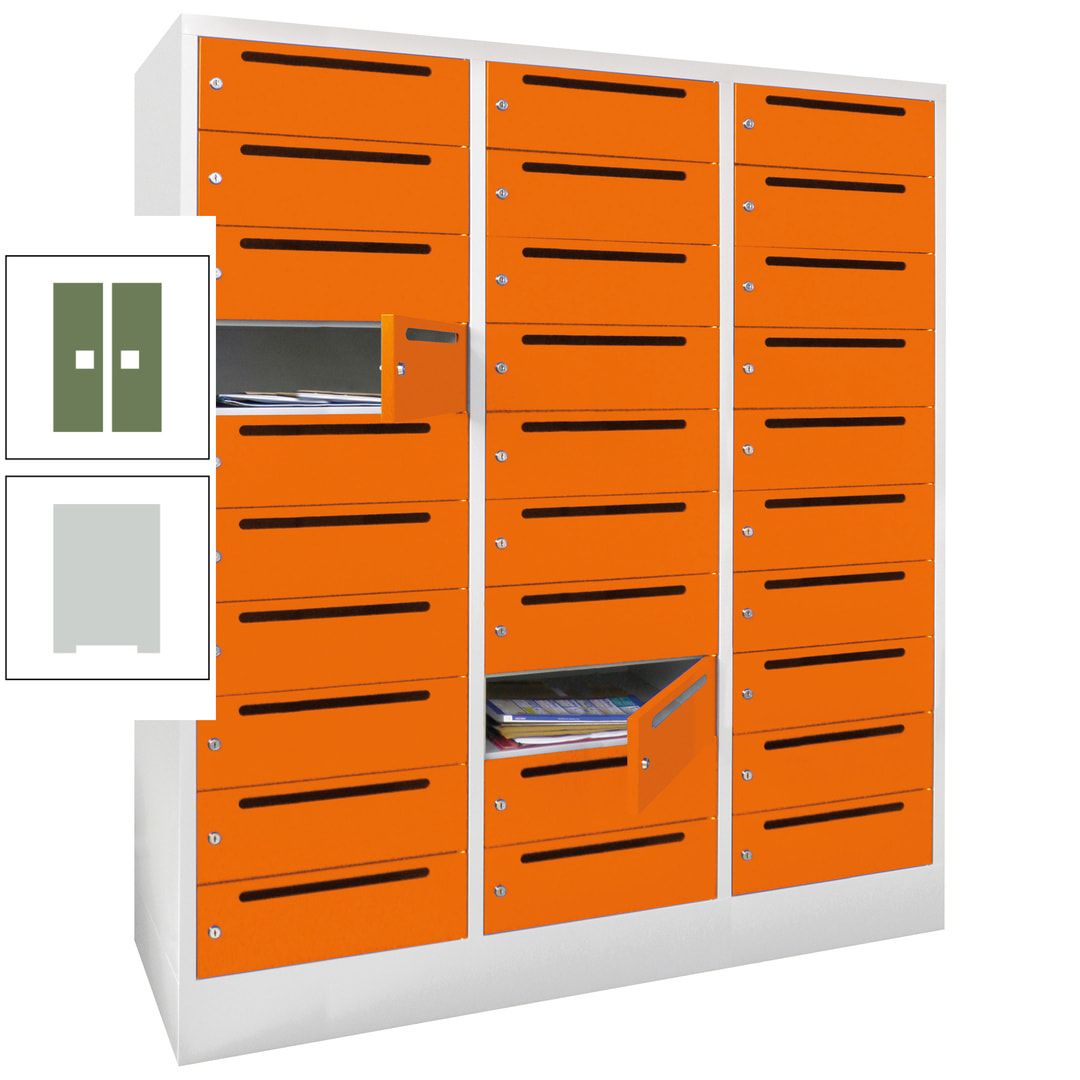 Postverteilerschrank, Schließfachschrank, 3 Abteile a 40 cm, 30 Fächer, 1.850 x 1.200 x 500 mm (HxBxT), Korpus anthrazitgrau, Front anthrazitgrau