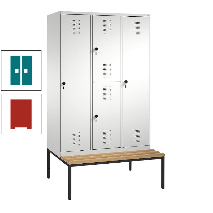 Garderobenschrank, Spind ein- und doppelstöckig Sitzbank, 3 Abteile, 4 Fächer, 2.090x1.200x500 mm (HxBxT), Front anthrazitgrau, Korpus anthrazitgrau