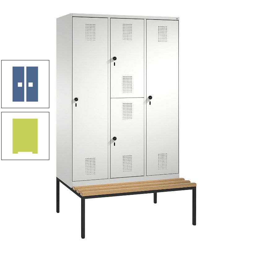 Garderobenschrank, Spind ein- und doppelstöckig Sitzbank, 3 Abteile, 4 Fächer, 2.090x1.200x500 mm (HxBxT), Front anthrazitgrau, Korpus anthrazitgrau