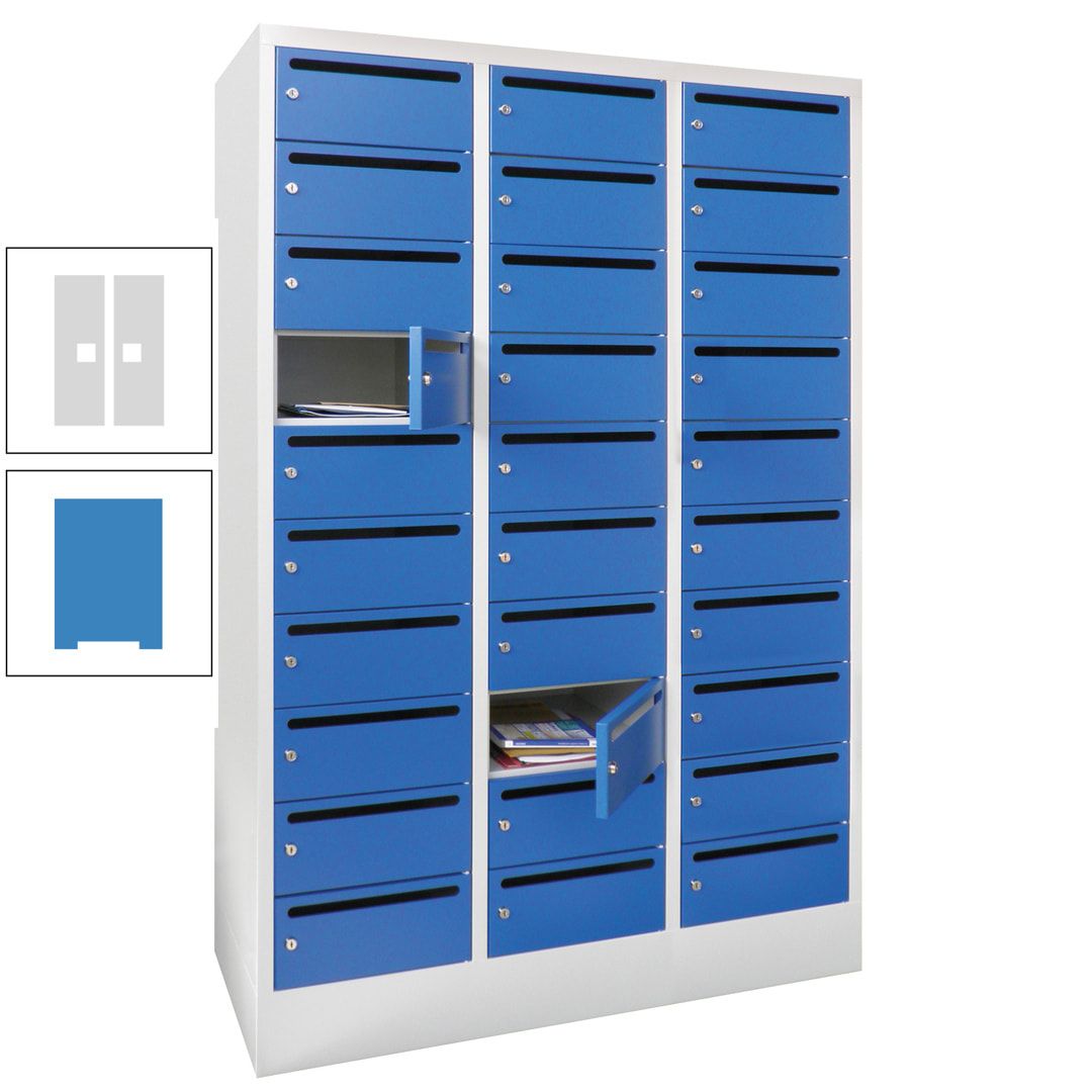 Postverteilerschrank, Schließfachschrank, 3 Abteile a 300 mm, 30 Fächer, 1.850 x 900 x 500 mm (HxBxT), Korpus anthrazitgrau, Front anthrazitgrau