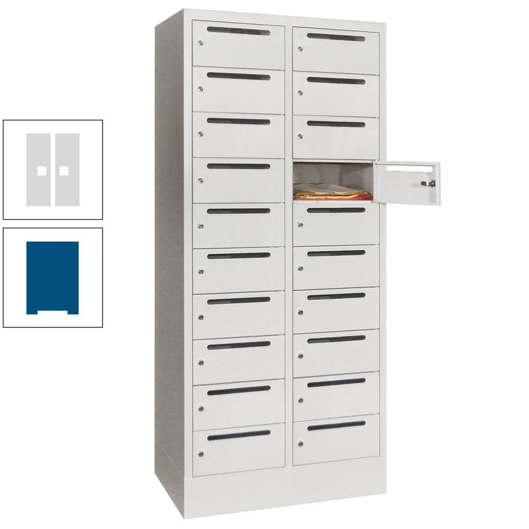 Postverteilerschrank, Schließfachschrank, 2 Abteile a 400 mm, 20 Fächer, 1.850 x 800 x 500 mm (HxBxT), Korpus anthrazitgrau, Front anthrazitgrau