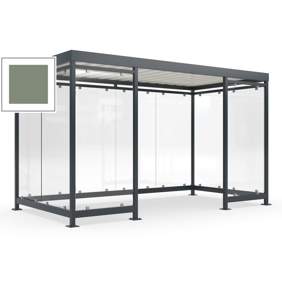Fahrgastunterstand, Raucherunterstand, fertig montiert, Aufdübeln, 12-13 Personen, 2.510 x 4.195 x 2.165 mm (HxBxT), 10 Wände, Achatgrau