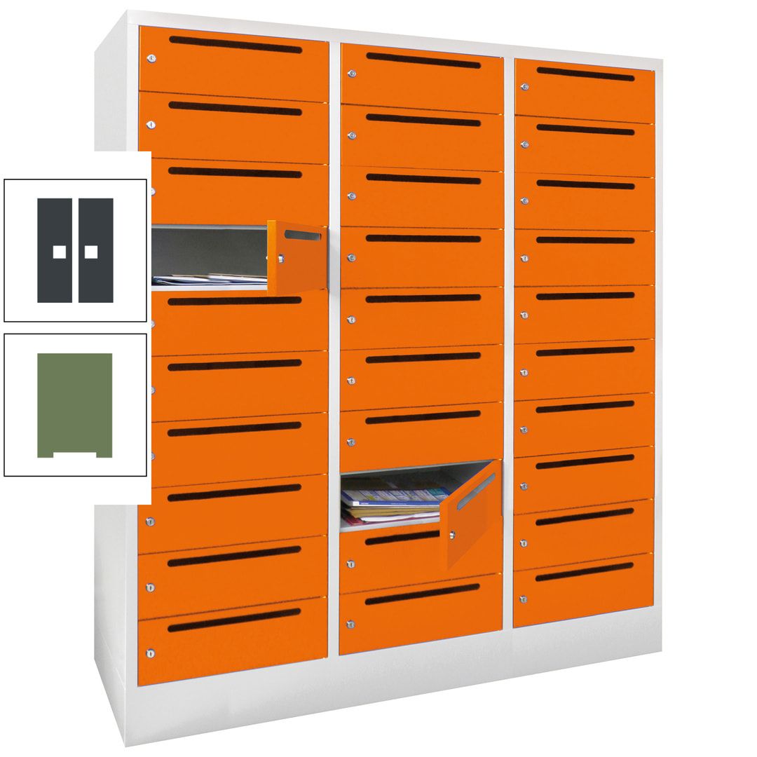 Postverteilerschrank, Schließfachschrank, 3 Abteile a 40 cm, 30 Fächer, 1.850 x 1.200 x 500 mm (HxBxT), Korpus anthrazitgrau, Front anthrazitgrau