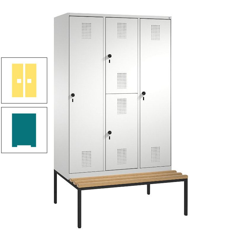 Garderobenschrank, Spind ein- und doppelstöckig Sitzbank, 3 Abteile, 4 Fächer, 2.090x1.200x500 mm (HxBxT), Front anthrazitgrau, Korpus anthrazitgrau