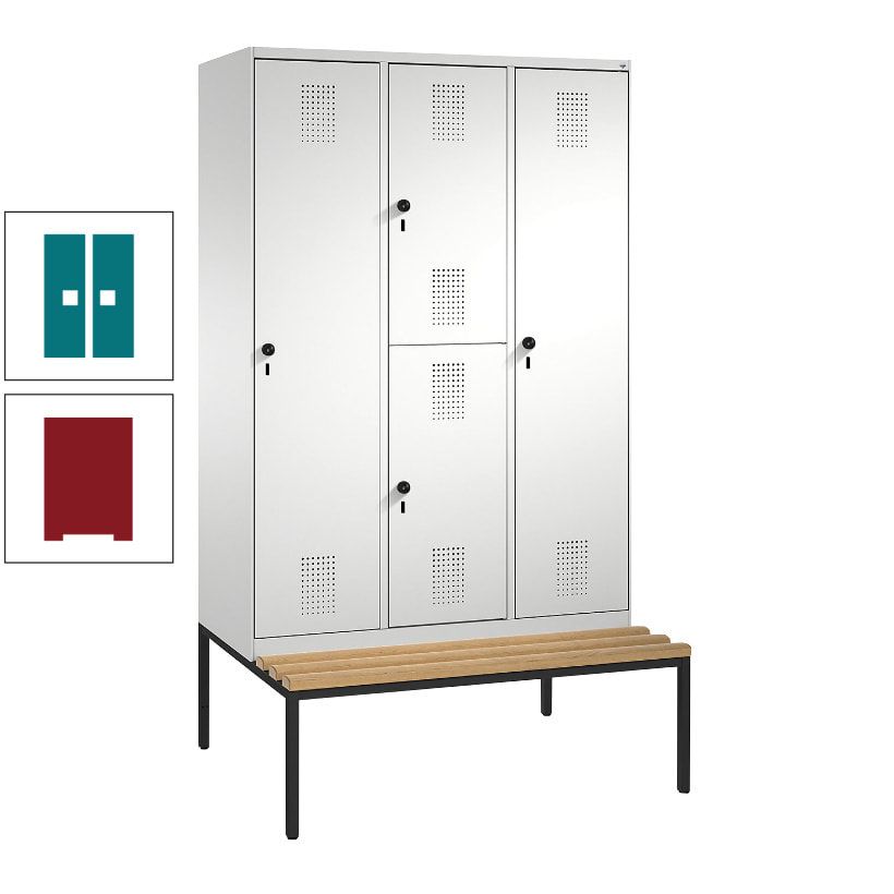 Garderobenschrank, Spind ein- und doppelstöckig Sitzbank, 3 Abteile, 4 Fächer, 2.090x1.200x500 mm (HxBxT), Front anthrazitgrau, Korpus anthrazitgrau