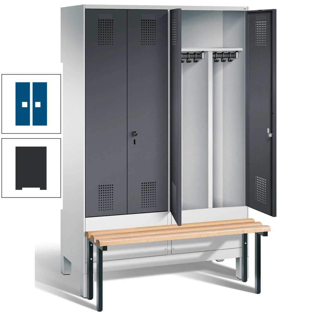 Doppel-Spind, Garderobenschrank, Buche Sitzbank vorgebaut, 4 Abteile a 300 mm, Korpus feuerrot, Tür Wasserblau, 1.850 x 1.200 x 815 mm (HxBxT)