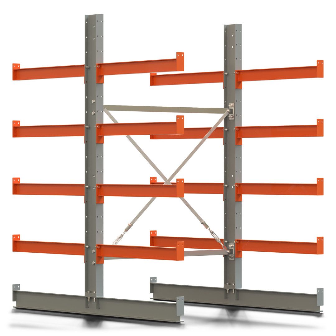 Doppelseitiges Kragarmregal, Anbauregal, 2.000 x 1.280 x 1.120 mm (HxBxT), Nutztiefe 500 mm, Kragarmlast 870 kg, KARL basic, silbergrau/reinorange