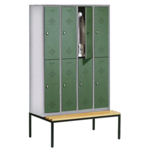Garderobenschrank, Spind, 4 Abteile 8 Fächer, 2.090 x 1.190 x 815 mm (HxBxT), Hartholz Sitzbank untergebaut, Korpus anthrazitgrau, Türen anthrazitgrau
