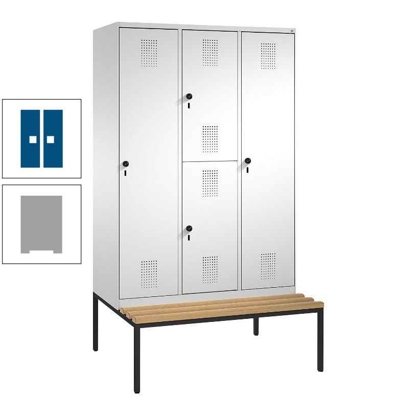 Garderobenschrank, Spind ein- und doppelstöckig Sitzbank, 3 Abteile, 4 Fächer, 2.090x1.200x500 mm (HxBxT), Front anthrazitgrau, Korpus anthrazitgrau
