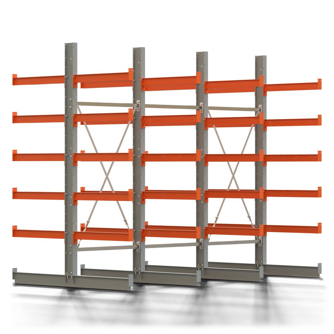 Doppelseitiges Kragarmregal, 2 Felder, 2.500 x 2.000 x 1.120 mm (HxBxT), Nutztiefe 500 mm, Kragarmlast 870 kg, KARL basic, silbergrau/reinorange