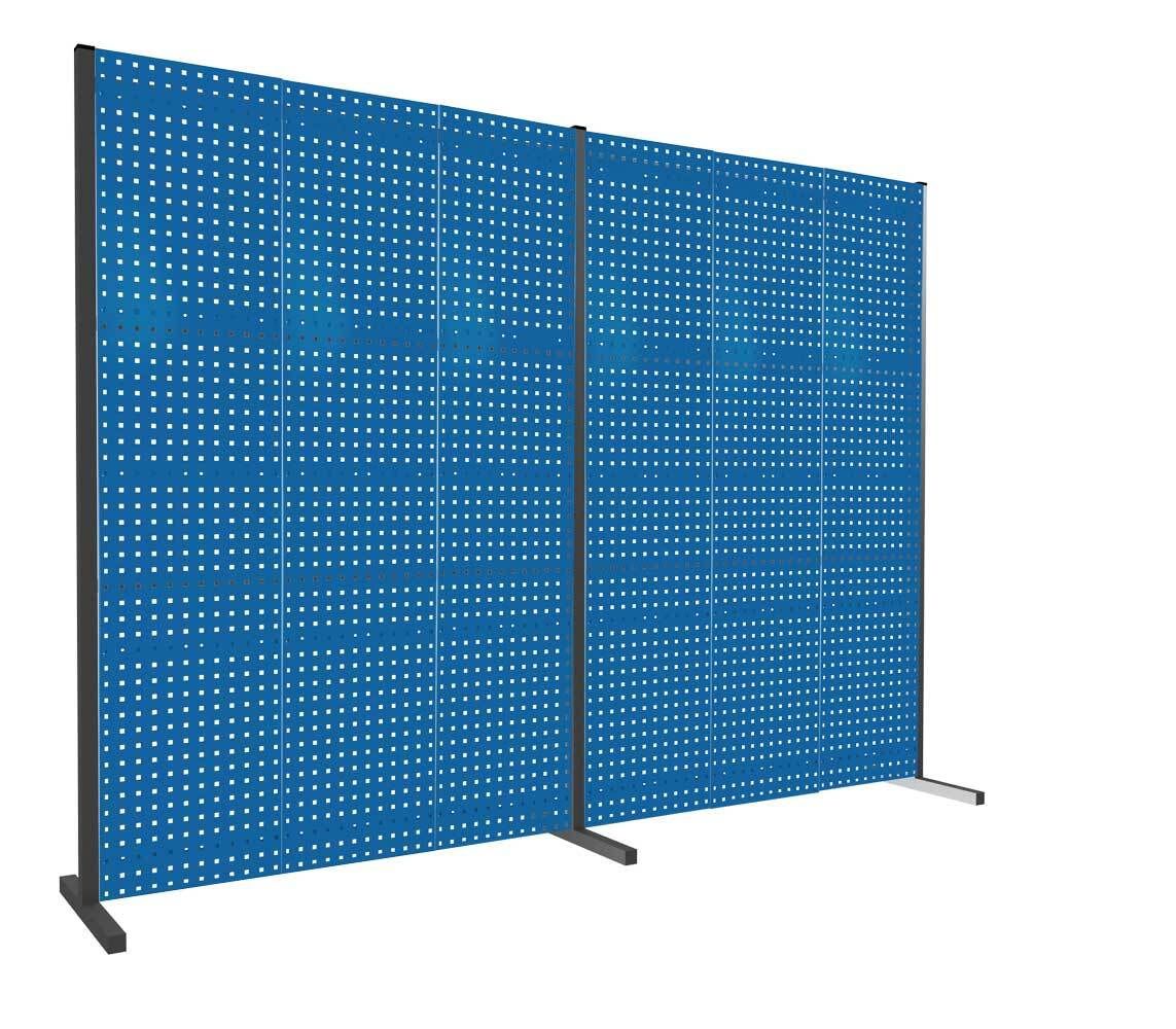 Modulare Trennwand, Werkzeugwand, Doppelfeld 180 Grad, 6 Lochplatten, Plattenhöhe 1.500 mm, 2.000 x 3.000 mm (HxB), Anthrazitgrau (RAL 7016)