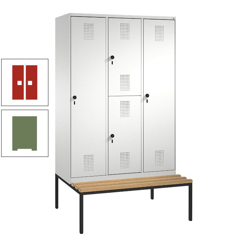 Garderobenschrank, Spind ein- und doppelstöckig Sitzbank, 3 Abteile, 4 Fächer, 2.090x1.200x500 mm (HxBxT), Front anthrazitgrau, Korpus anthrazitgrau