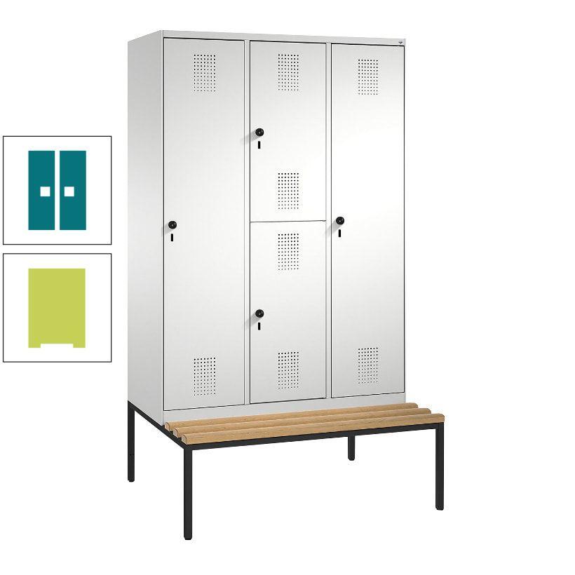 Garderobenschrank, Spind ein- und doppelstöckig Sitzbank, 3 Abteile, 4 Fächer, 2.090x1.200x500 mm (HxBxT), Front anthrazitgrau, Korpus anthrazitgrau