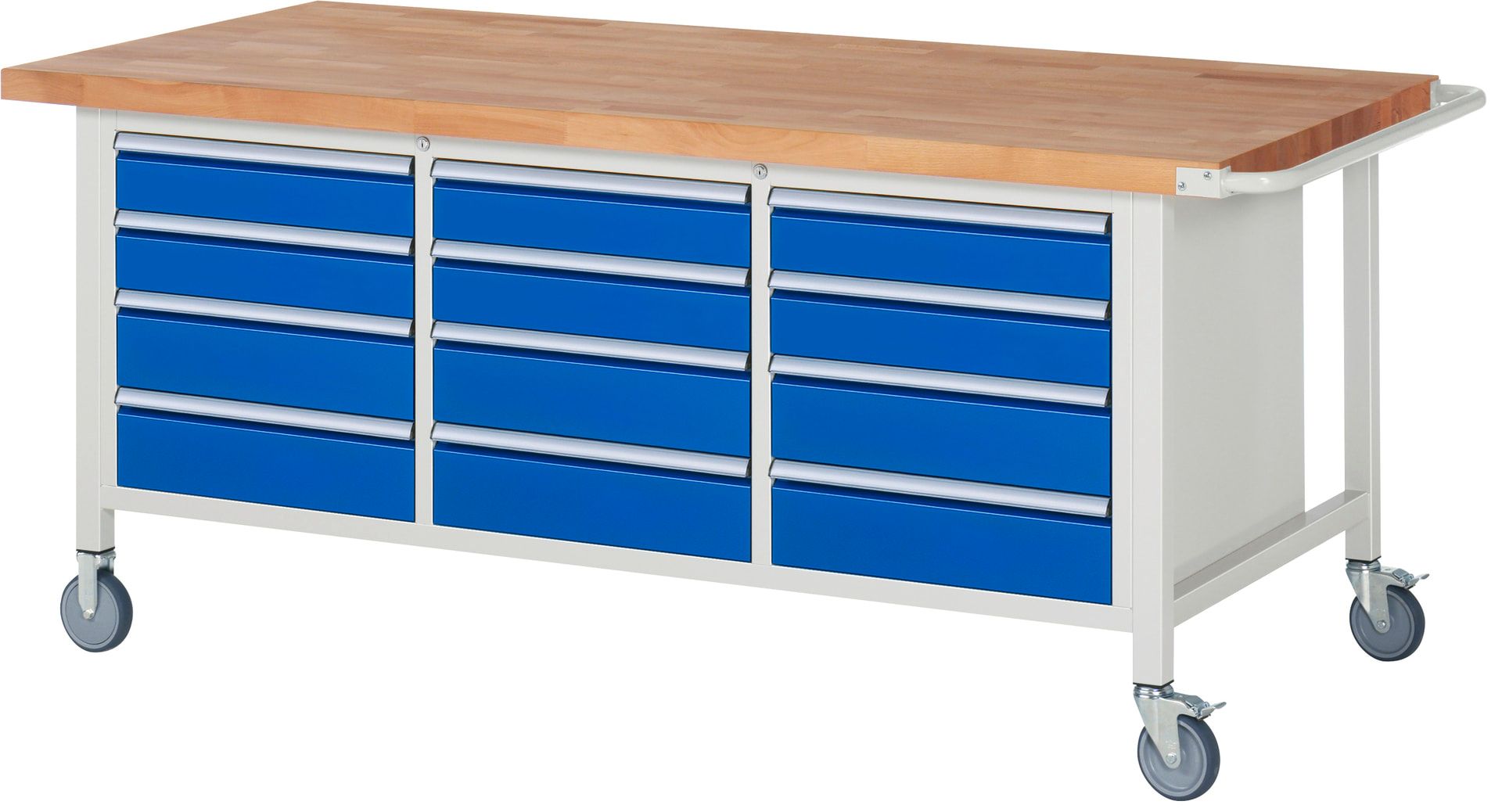 Mobile Werkbank, 12 Schubladen - Teilauszug - 120:6 / 150:6 - Höhe 880-1.080 mm - 2.000 x 900 mm - 450 kg - Buche - Anthrazitgrau