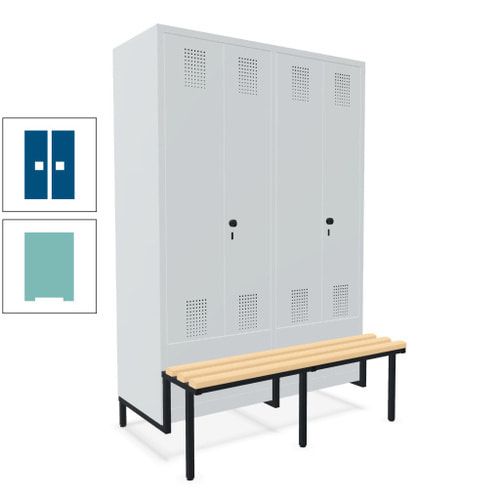 Doppel-Spind, Garderobenschrank, Buche Sitzbank integriert, 4 Abteile 300 mm, Korpus anthrazitgrau, Tür anthrazitgrau, 1.850 x 1.200 x 815 mm (HxBxT)