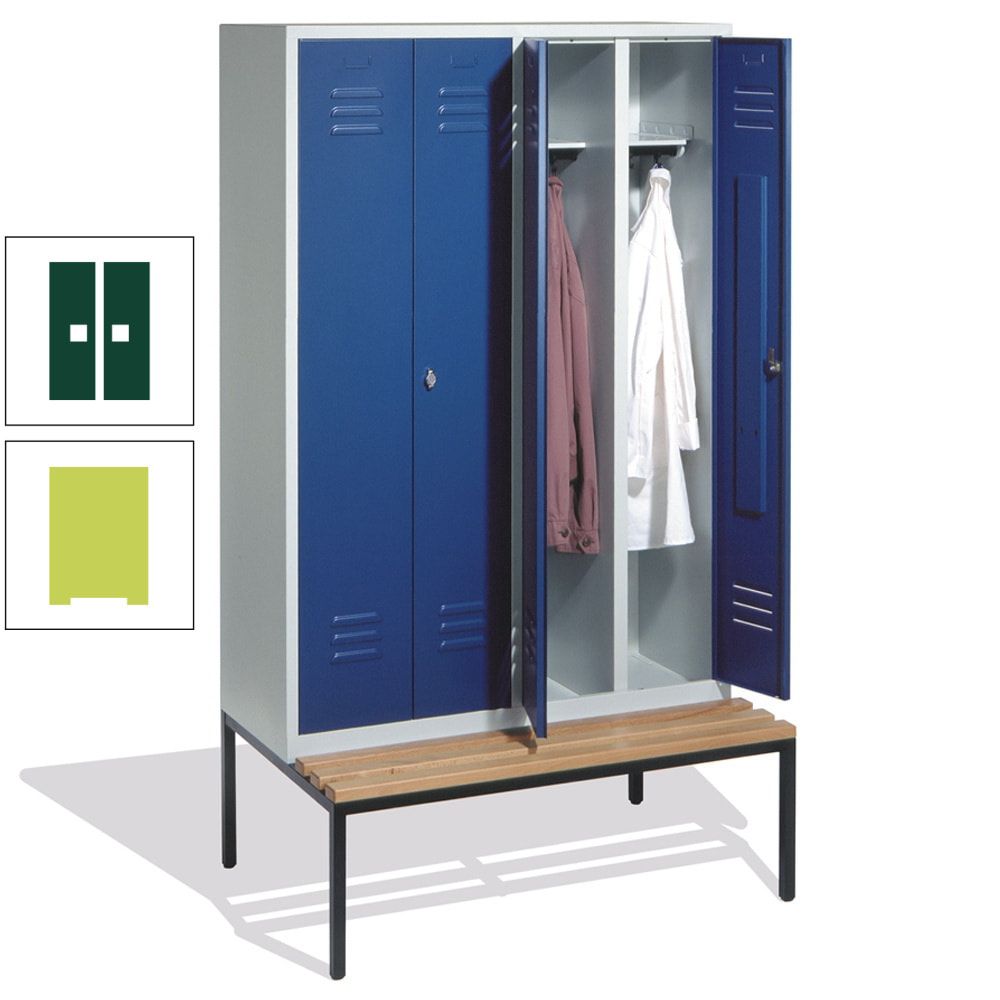 Doppel-Spindschrank, Buche Sitzbank untergebaut, 4 Abteile a 300 mm, Korpus lichtgrau, Tür anthrazitgrau, 2.090 x 1.190 x 815 mm (HxBxT)