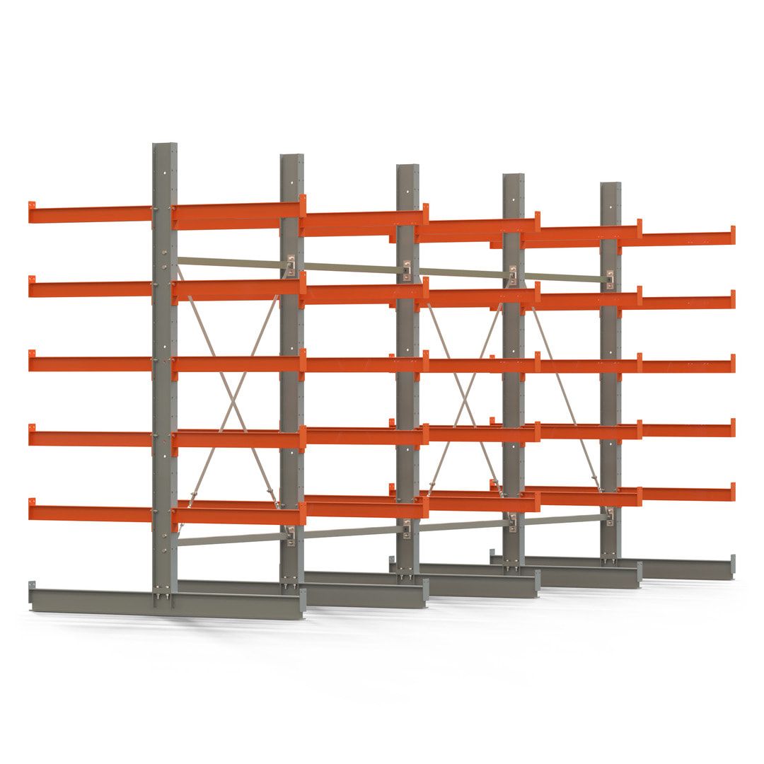 Doppelseitiges Kragarmregal, 2 Felder, 2.500 x 2.560 x 1.120 mm (HxBxT), Nutztiefe 500 mm, Kragarmlast 870 kg, KARL basic, silbergrau/reinorange