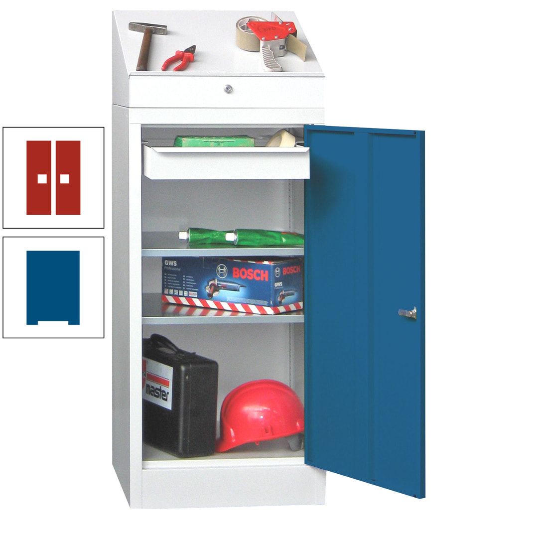Stehpult mit Schrank - Vollblechtür - 1 Einlegeboden, 1 Ausziehboden, 1 Schublade - 1.270x500x500 mm (HxBxT) - anthrazitgrau