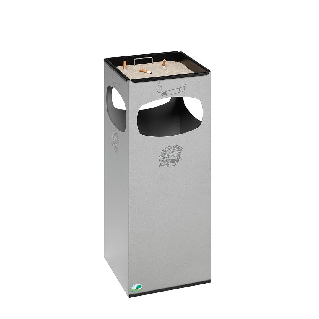 Abfalleimer mit Ascher - Volumen 29 l - eckig - 660 x 250 x 250 mm (HxBxT) - Antik-silber