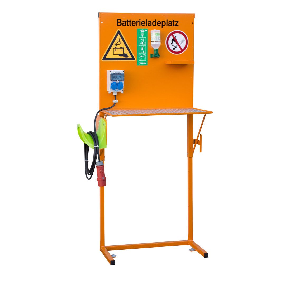 Batterieladeplatz, Typ BL1, 230 V, 16 A, lackiert, mit Augenspülflasche, Fehlerstrom-Schutzeinrichtung, höhenverstellbar, 2 Schuko-Steckdosen