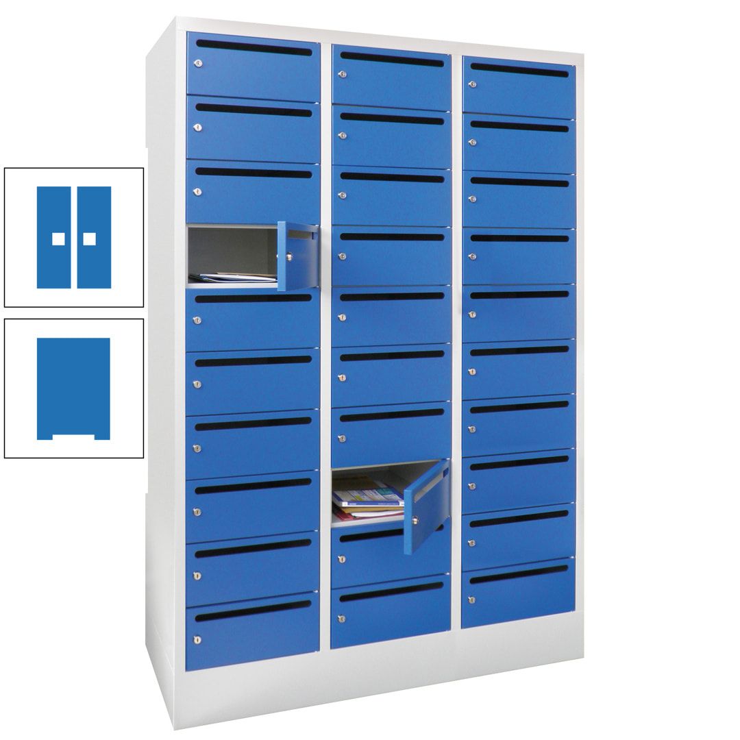 Postverteilerschrank, Schließfachschrank, 3 Abteile a 300 mm, 30 Fächer, 1.850 x 900 x 500 mm (HxBxT), Korpus anthrazitgrau, Front anthrazitgrau
