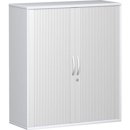 Querrollladenschrank, Dekoreinlageboden, Metallsockel/Standfüße, abschließbar, 1.152 x 1.000 x 425 mm (HxBxT), Korpusfarbe Ahorn, Frontfarbe silber