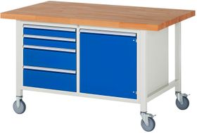 Mobile Werkbank, Schrank - 4 Schubladen - Teilauszug - 90:2/180:2 - Höhe 920-1.120 mm - 1.500 x 900 mm - 450 kg - Farbe wählbar