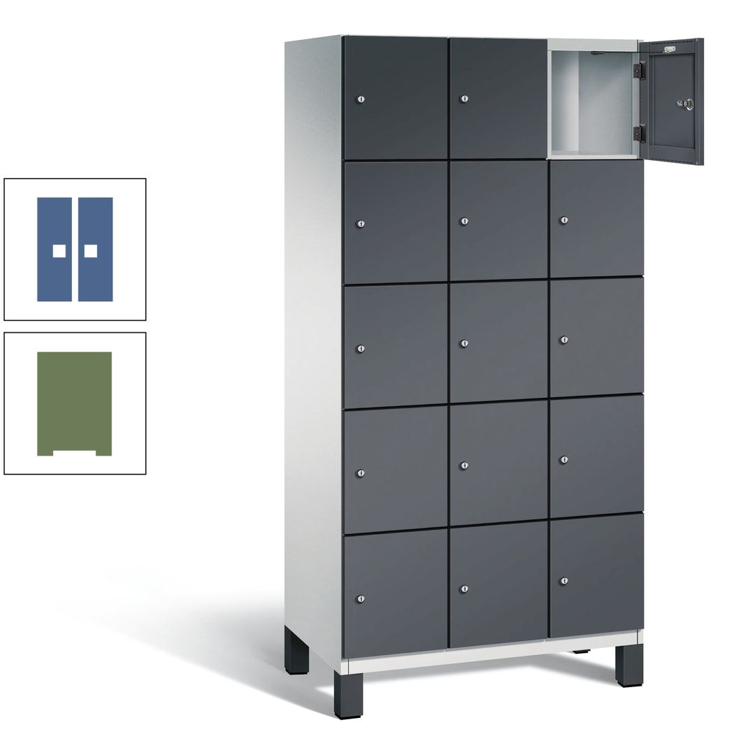 Fächerschrank, Stahlschrank, 15 Fächer, Türöffnungsbegrenzer, Füße, 1.980 x 900 x 525 mm (HxBxT), Korpus anthrazitgrau, Front anthrazitgrau