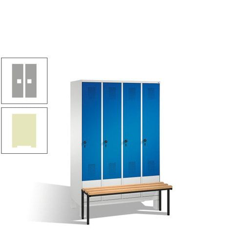Stahl-Garderobenschrank, Spind, Buche Sitzbank vorgebaut, 4 Abteile a 300 mm, Korpus Lichtgrün, Tür Schwefelgelb, 1.850 x 1.200 x 815 mm (HxBxT)