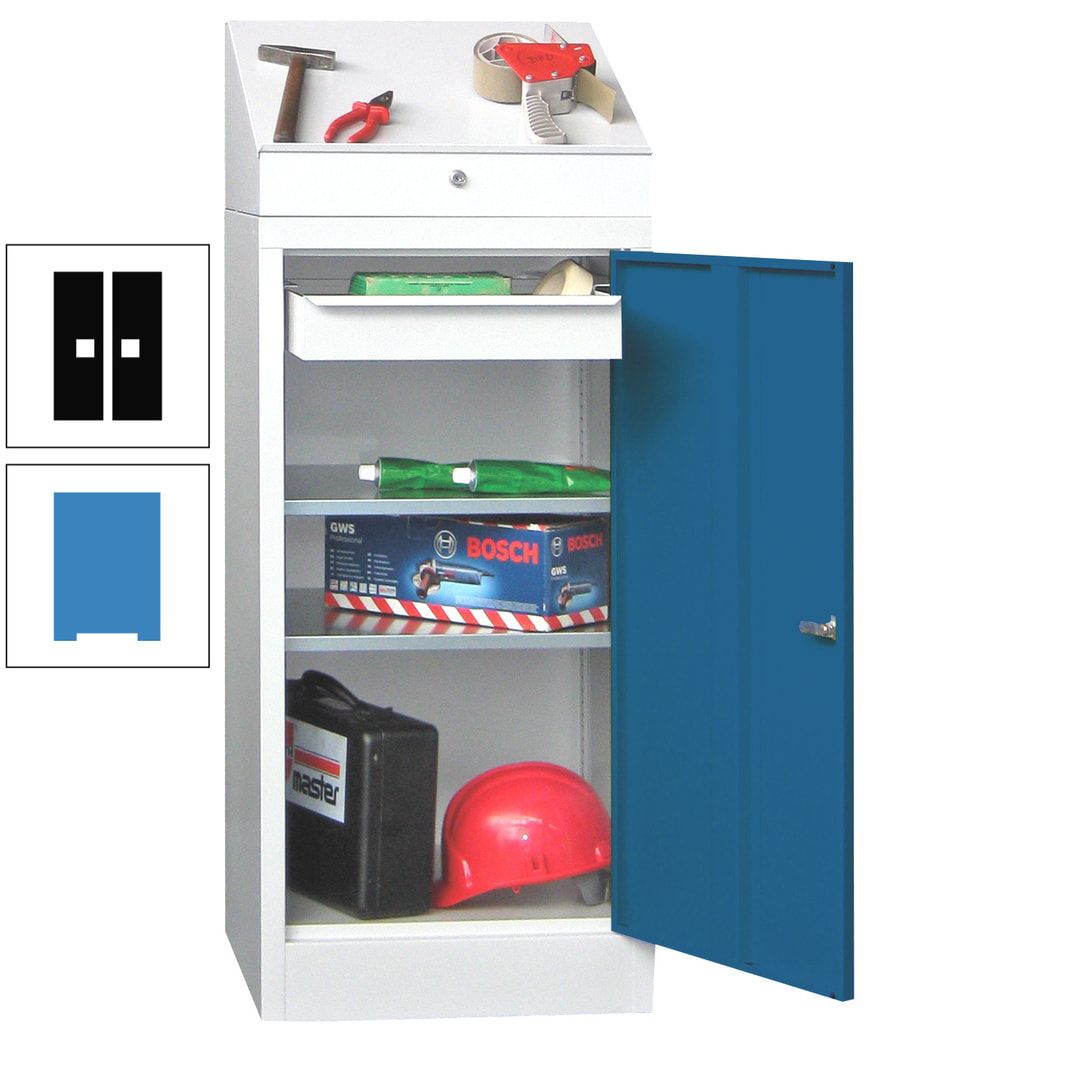 Stehpult mit Schrank - Vollblechtür - 1 Einlegeboden, 1 Ausziehboden, 1 Schublade - 1.270x500x500 mm (HxBxT) - anthrazitgrau