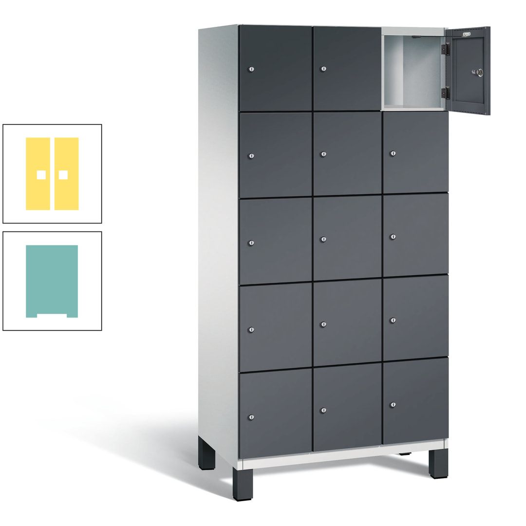 Fächerschrank, Stahlschrank, 15 Fächer, Türöffnungsbegrenzer, Füße, 1.980 x 900 x 525 mm (HxBxT), Korpus anthrazitgrau, Front anthrazitgrau