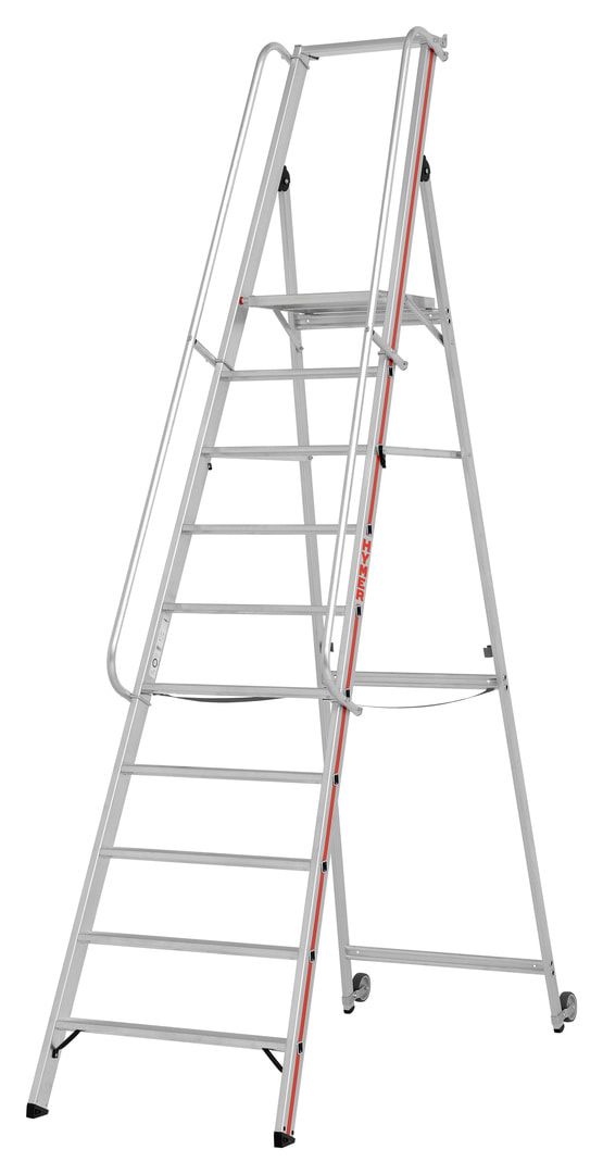 Plattformleiter mit langem Handlauf - Kipprollen - Leiterlänge 1.950 mm - mit Einhängehaken und Ablageschale - Aluleiter - Hymer