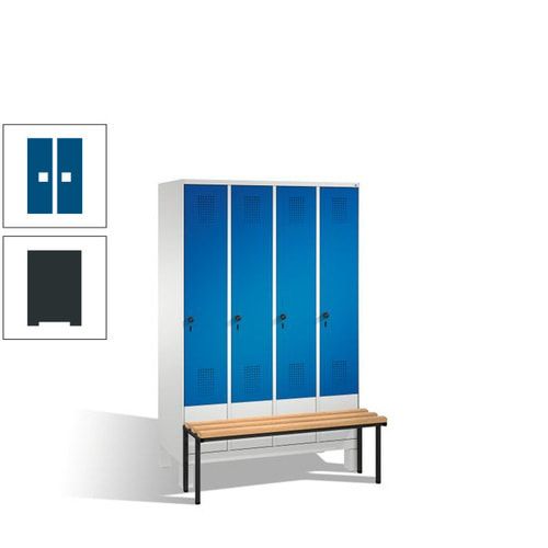 Stahl-Garderobenschrank, Spind, Buche Sitzbank vorgebaut, 4 Abteile a 300 mm, Korpus Lichtgrün, Tür Schwefelgelb, 1.850 x 1.200 x 815 mm (HxBxT)