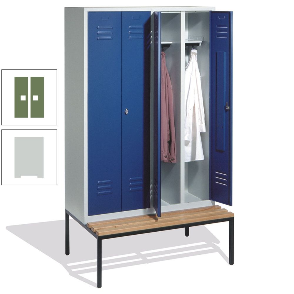 Doppel-Spindschrank, Buche Sitzbank untergebaut, 4 Abteile a 300 mm, Korpus lichtgrau, Tür anthrazitgrau, 2.090 x 1.190 x 815 mm (HxBxT)