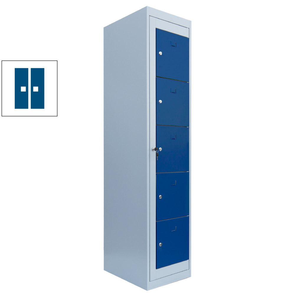 Verteilerschrank, Ausgabeschrank, Fächerschrank, Zentraltür, 1 Abteil, 5 Fächer, 1.800 x 400 x 500 mm (HxBxT), Korpus lichtgrau, Front enzianblau