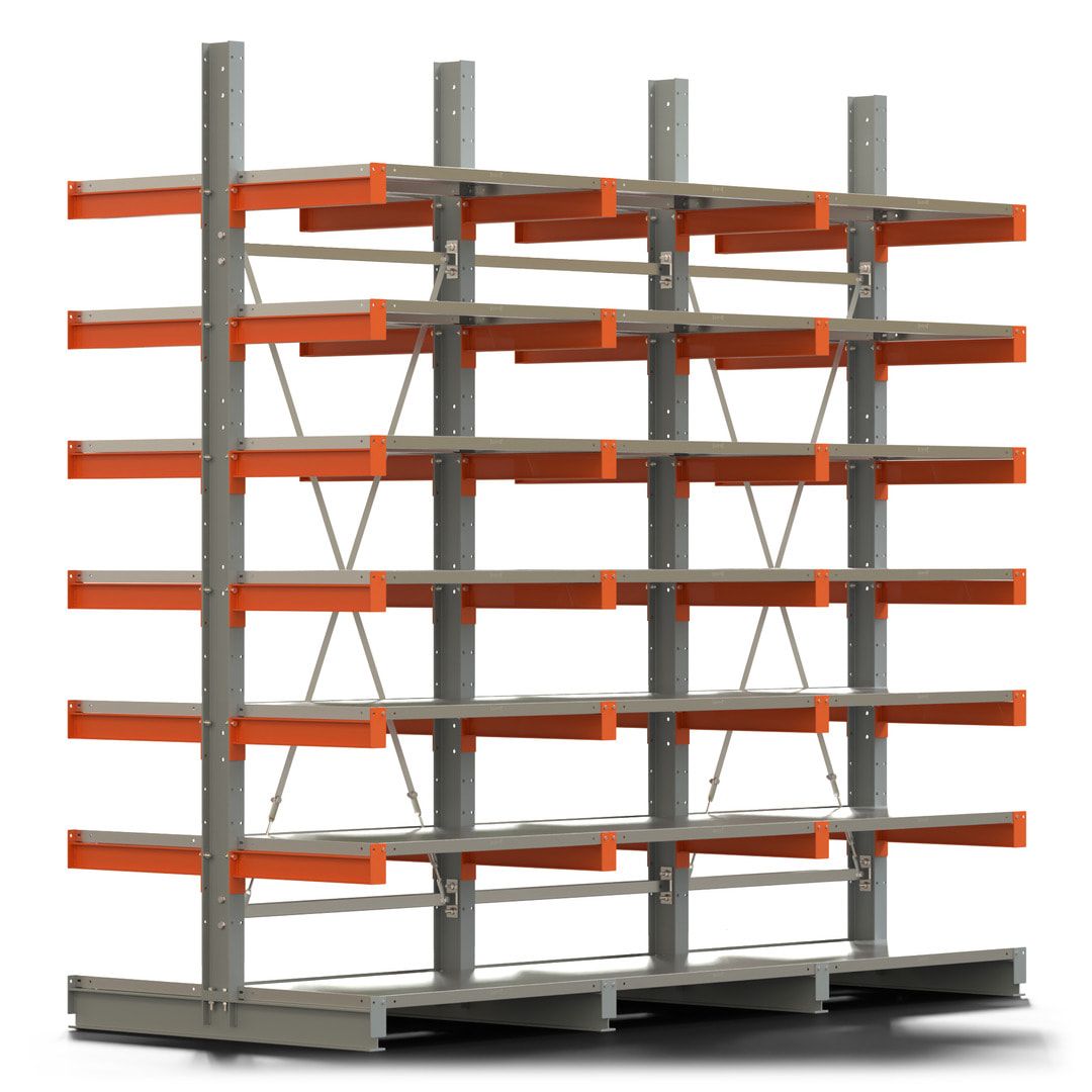 Doppelseitiges Kragarmregal mit Fachböden, 2 Felder, 3.000 x 2.000 (HxB), Nutztiefe 1.000 mm, Kragarmlast 450 kg, KARL basic, silbergrau/reinorange