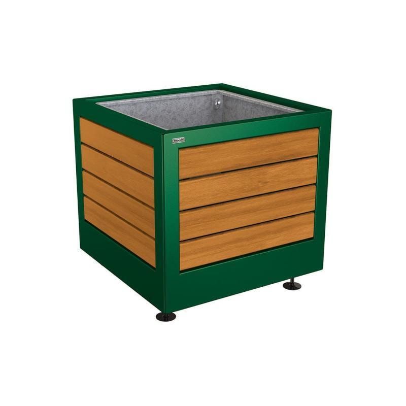 Pflanzbehälter, Stahl und Holz, verstellbare Füße, Innenverkleidung feuerverzinkt mit Verladungsgriffen, 700 x 800 x 800 mm (HxBxT), Farbe enzianblau