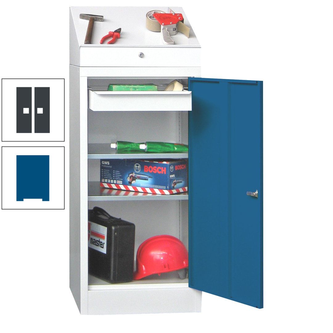 Stehpult mit Schrank - Vollblechtür - 1 Einlegeboden, 1 Ausziehboden, 1 Schublade - 1.270x500x500 mm (HxBxT) - anthrazitgrau