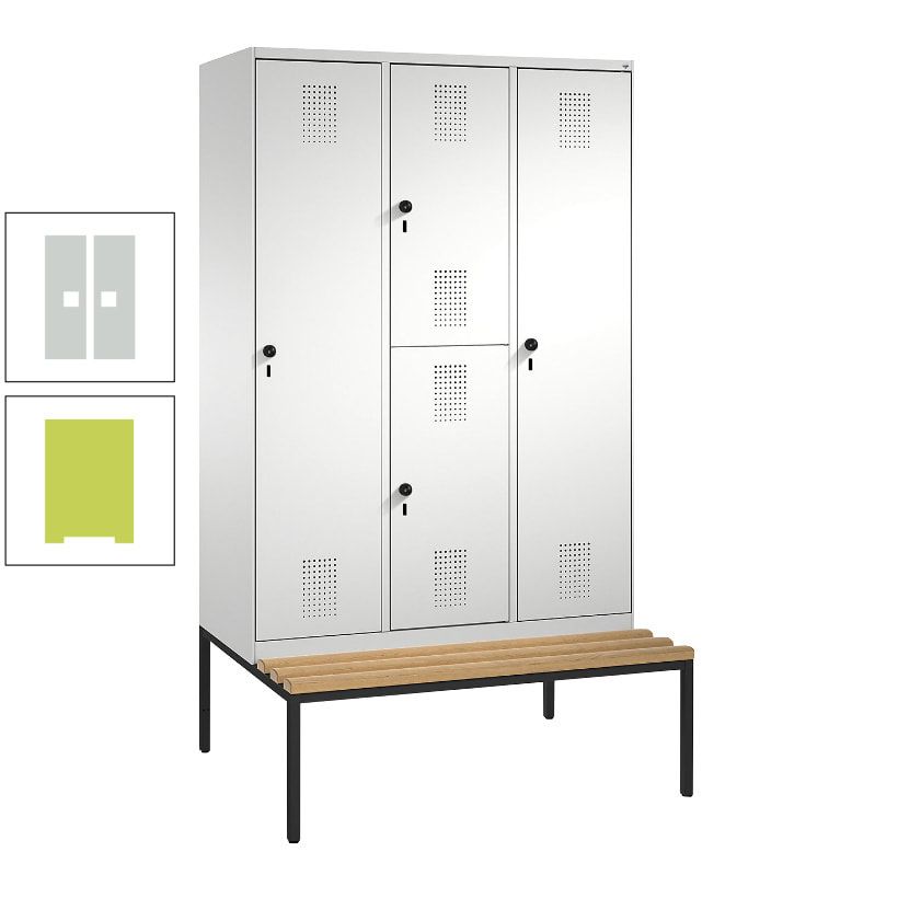 Garderobenschrank, Spind ein- und doppelstöckig Sitzbank, 3 Abteile, 4 Fächer, 2.090x1.200x500 mm (HxBxT), Front anthrazitgrau, Korpus anthrazitgrau