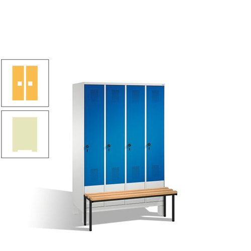 Stahl-Garderobenschrank, Spind, Buche Sitzbank vorgebaut, 4 Abteile a 300 mm, Korpus Lichtgrün, Tür Schwefelgelb, 1.850 x 1.200 x 815 mm (HxBxT)