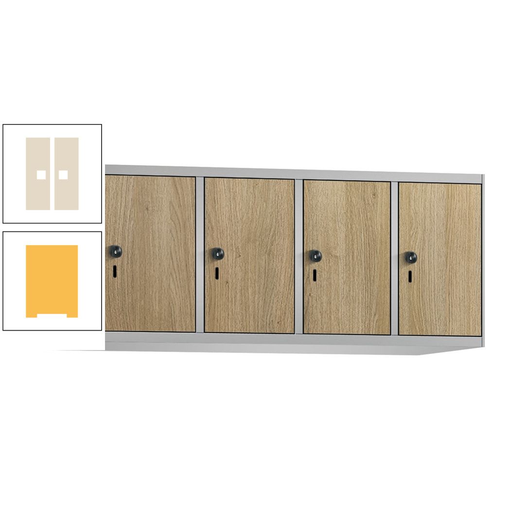 Aufsatzschrank, Schrankaufsatz, 4 Fächer a 300 mm, Farbe Pastellgelb, Tür anthrazitgrau, 500 x 1.200 x 500 mm (HxBxT)