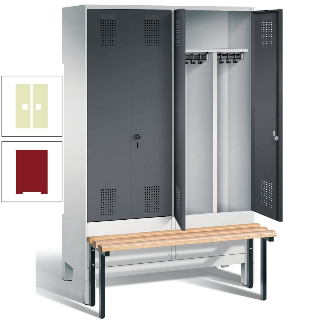 Doppel-Spind, Garderobenschrank, Buche Sitzbank vorgebaut, 4 Abteile a 300 mm, Korpus feuerrot, Tür Wasserblau, 1.850 x 1.200 x 815 mm (HxBxT)
